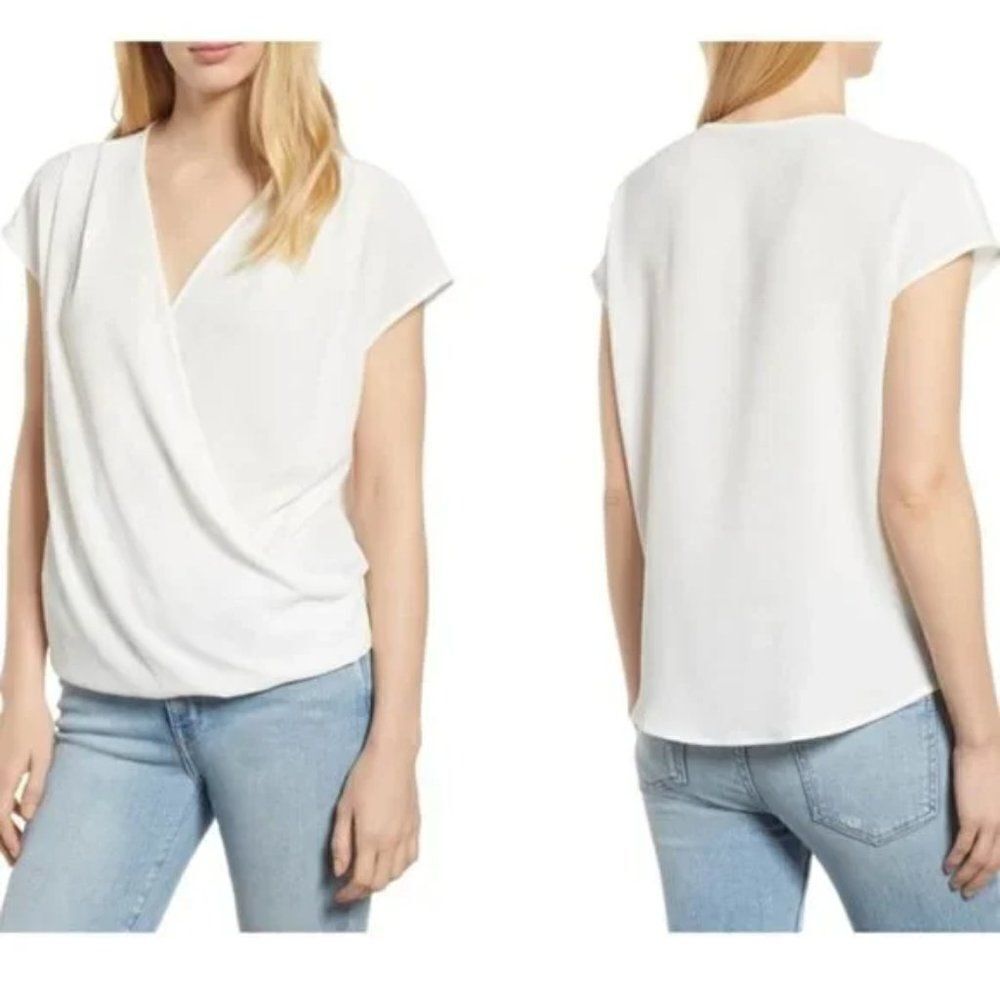 Gibson Draped Faux Wrap Crepe Top size Medium in Ivory White